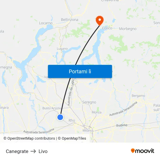 Canegrate to Livo map