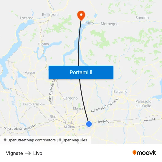 Vignate to Livo map