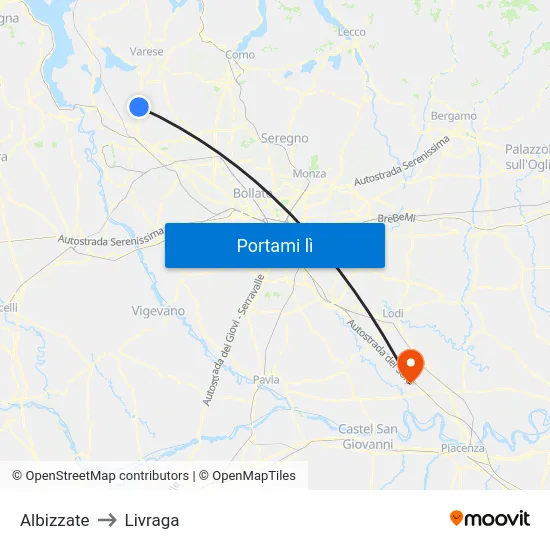 Albizzate to Livraga map