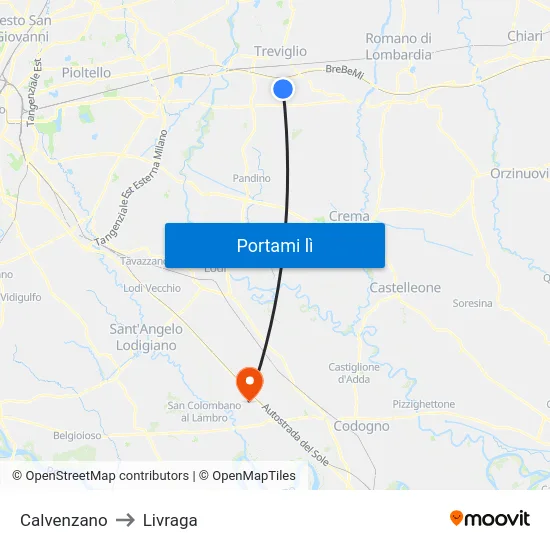 Calvenzano to Livraga map