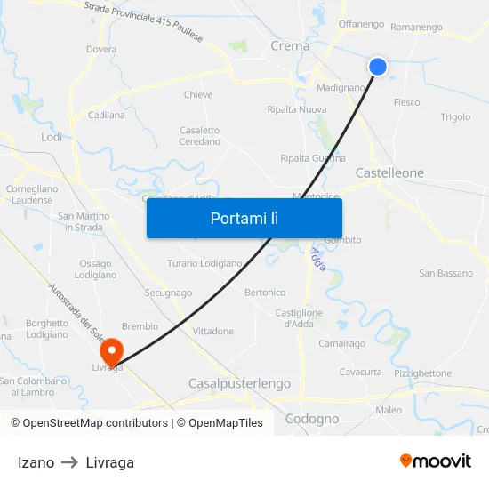 Izano to Livraga map
