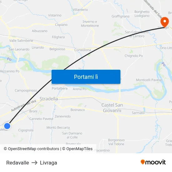 Redavalle to Livraga map