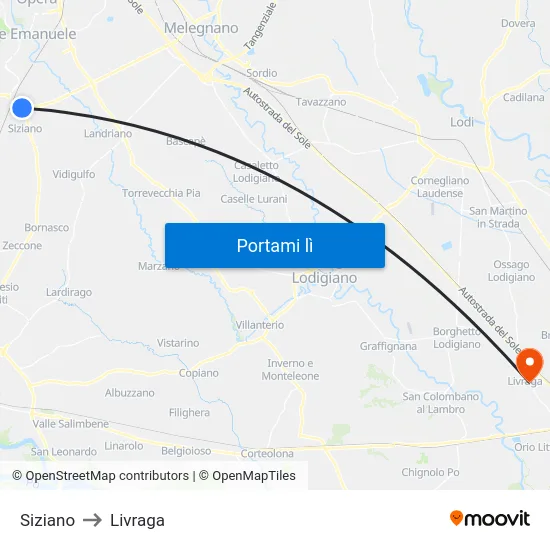 Siziano to Livraga map