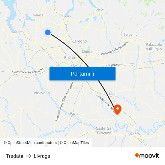 Tradate to Livraga map