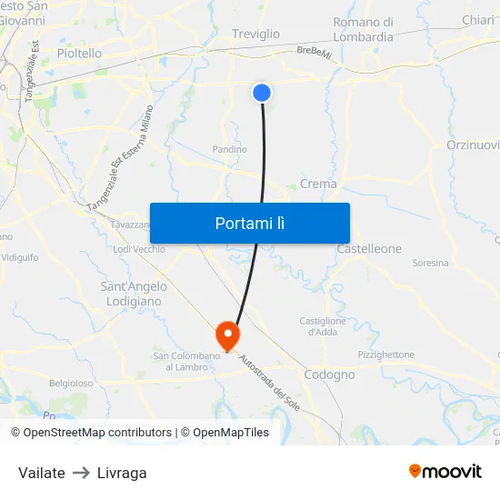 Vailate to Livraga map