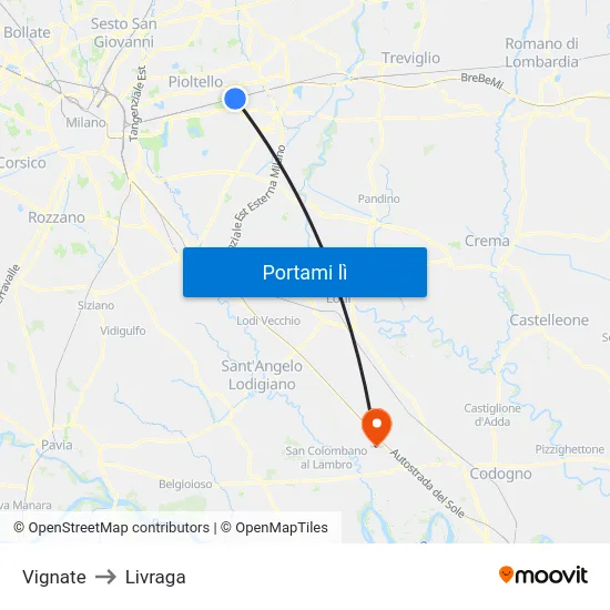 Vignate to Livraga map