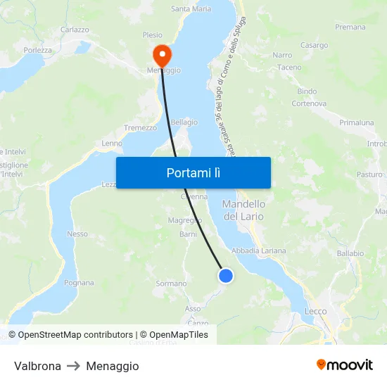 Valbrona to Menaggio map