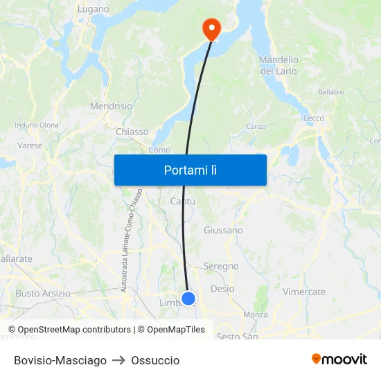 Bovisio-Masciago to Ossuccio map