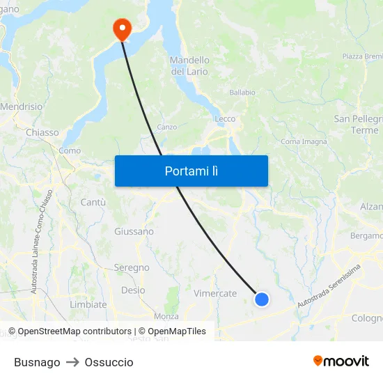 Busnago to Ossuccio map