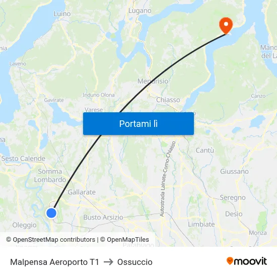 Malpensa Aeroporto T1 to Ossuccio map