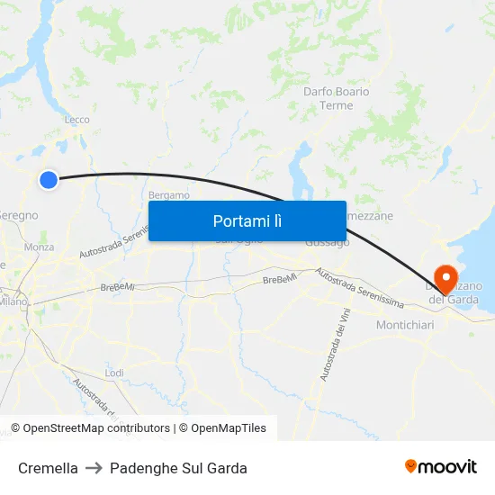 Cremella to Padenghe Sul Garda map