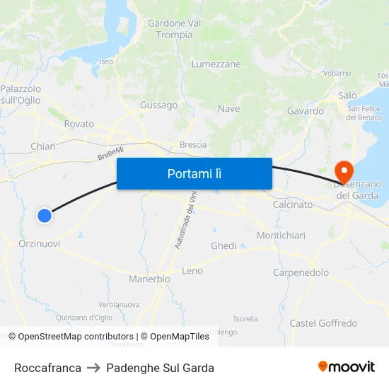 Roccafranca to Padenghe Sul Garda map