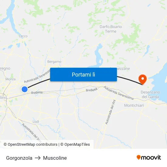 Gorgonzola to Muscoline map
