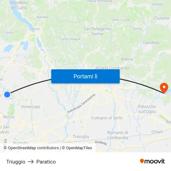 Triuggio to Paratico map