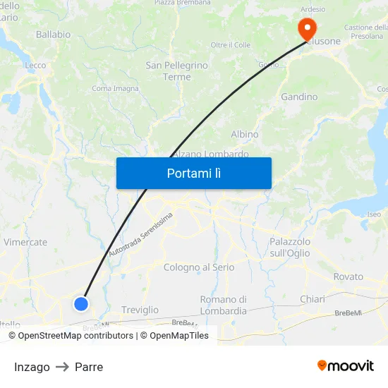 Inzago to Parre map