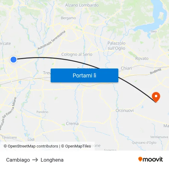 Cambiago to Longhena map