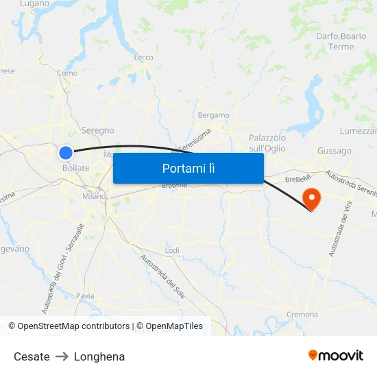 Cesate to Longhena map