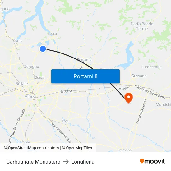 Garbagnate Monastero to Longhena map