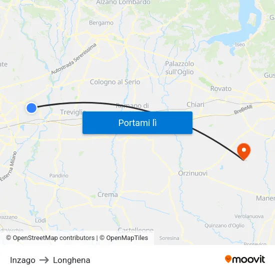 Inzago to Longhena map