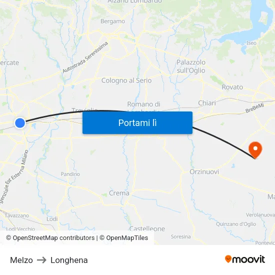 Melzo to Longhena map