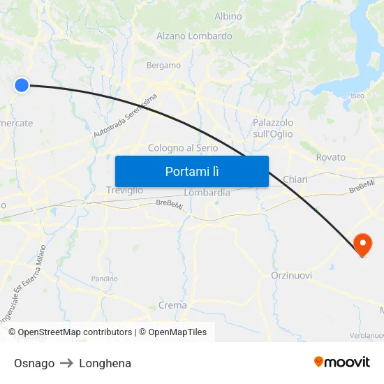 Osnago to Longhena map