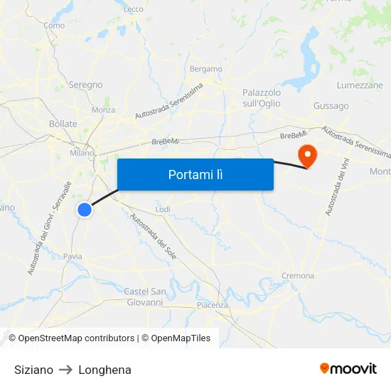 Siziano to Longhena map