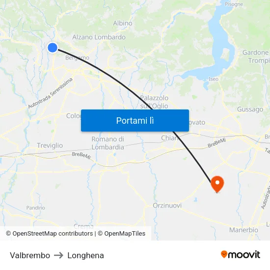 Valbrembo to Longhena map