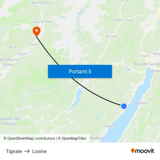 Tignale to Losine map
