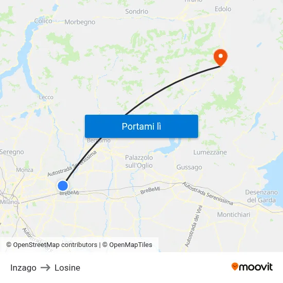 Inzago to Losine map