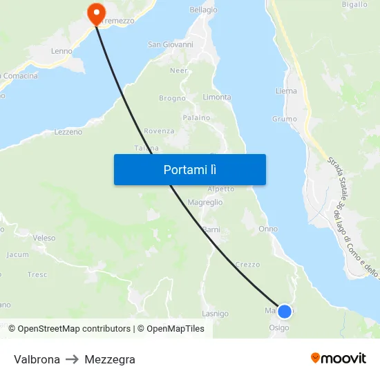 Valbrona to Mezzegra map