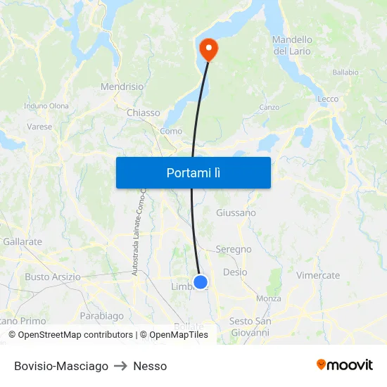 Bovisio-Masciago to Nesso map