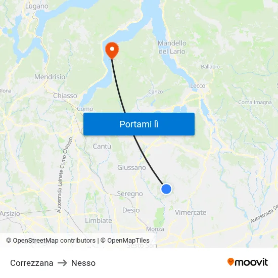 Correzzana to Nesso map
