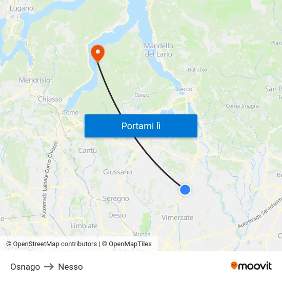Osnago to Nesso map