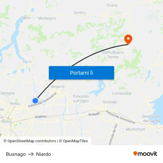 Busnago to Niardo map
