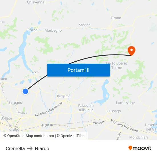 Cremella to Niardo map