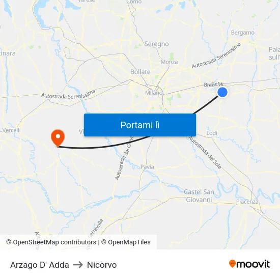Arzago D' Adda to Nicorvo map