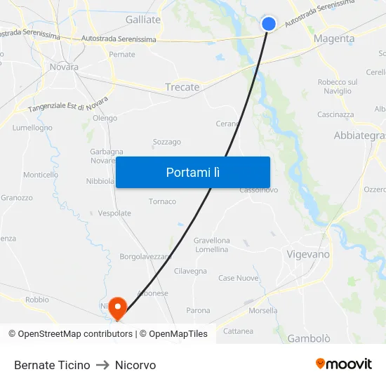 Bernate Ticino to Nicorvo map