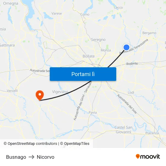 Busnago to Nicorvo map