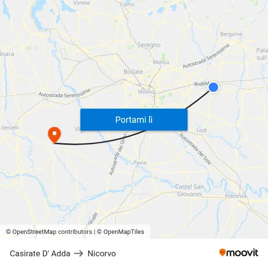 Casirate D' Adda to Nicorvo map