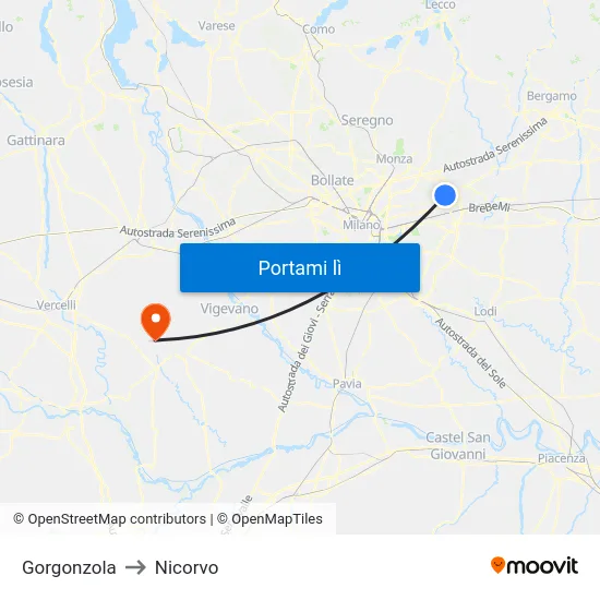 Gorgonzola to Nicorvo map