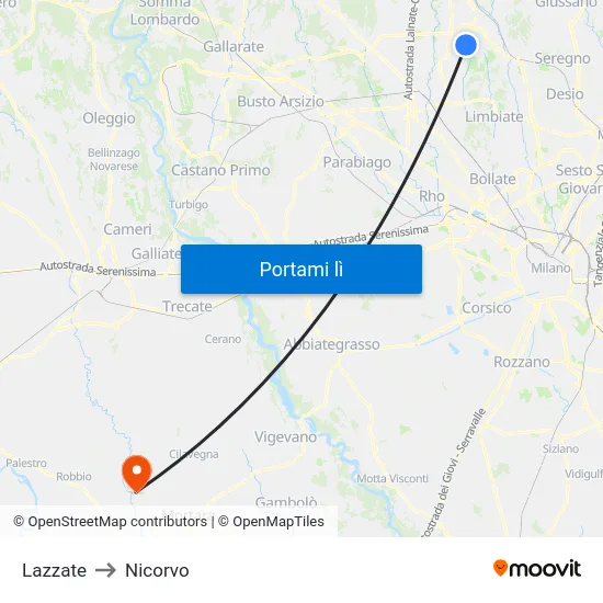 Lazzate to Nicorvo map