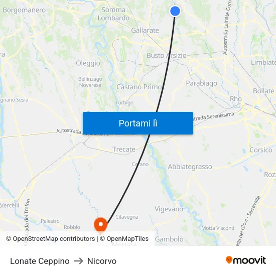 Lonate Ceppino to Nicorvo map