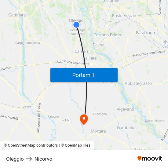 Oleggio to Nicorvo map
