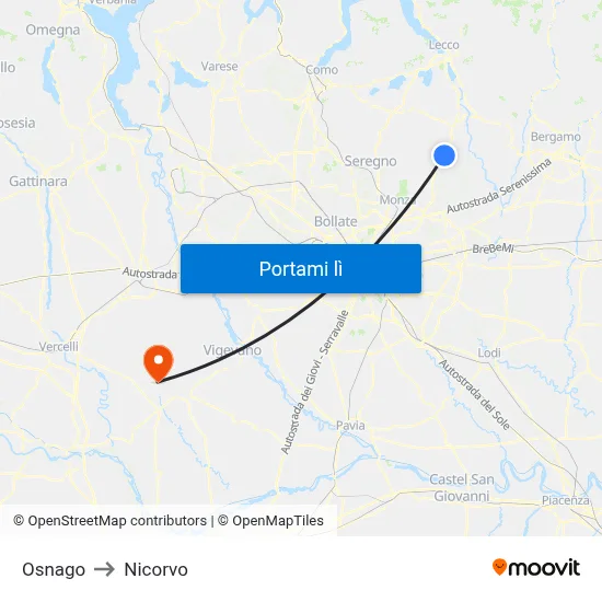 Osnago to Nicorvo map