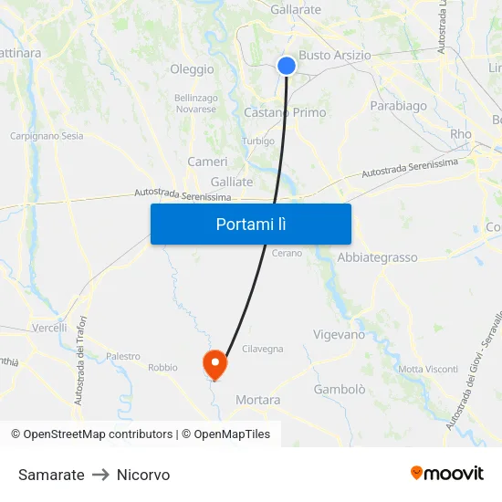 Samarate to Nicorvo map