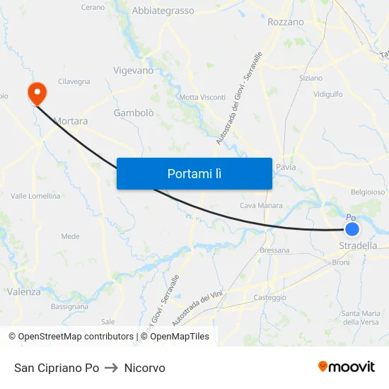 San Cipriano Po to Nicorvo map