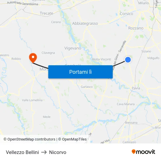 Vellezzo Bellini to Nicorvo map