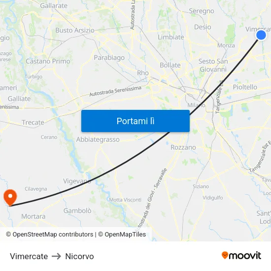 Vimercate to Nicorvo map