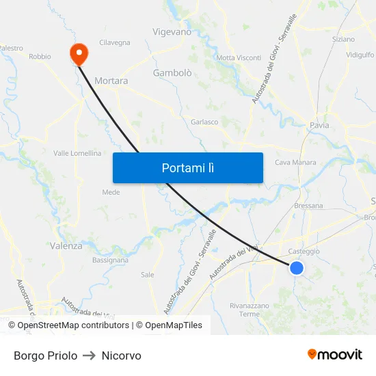 Borgo Priolo to Nicorvo map