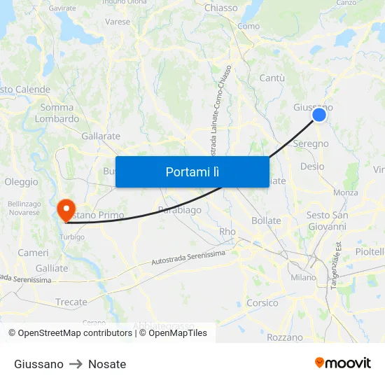 Giussano to Nosate map